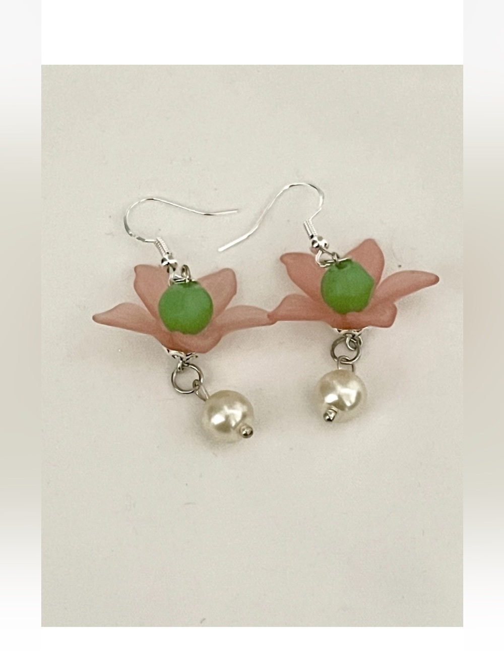Pink Floral Drop Earrings with Green Accent and Pearl